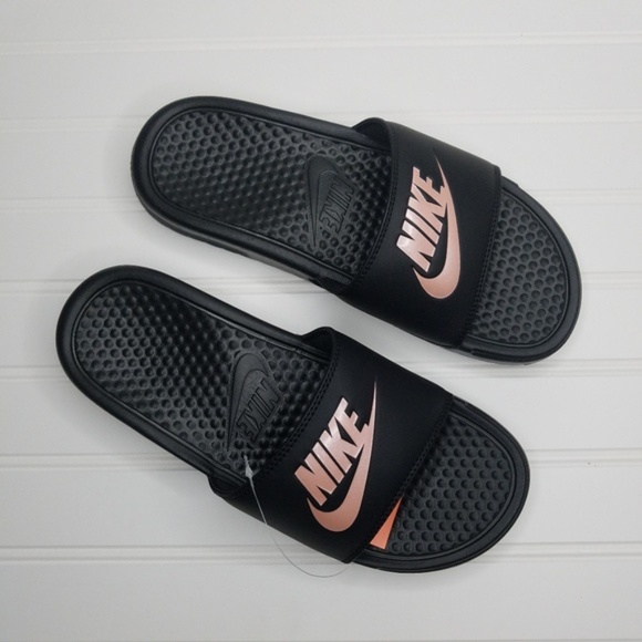 rose gold and black nike slides